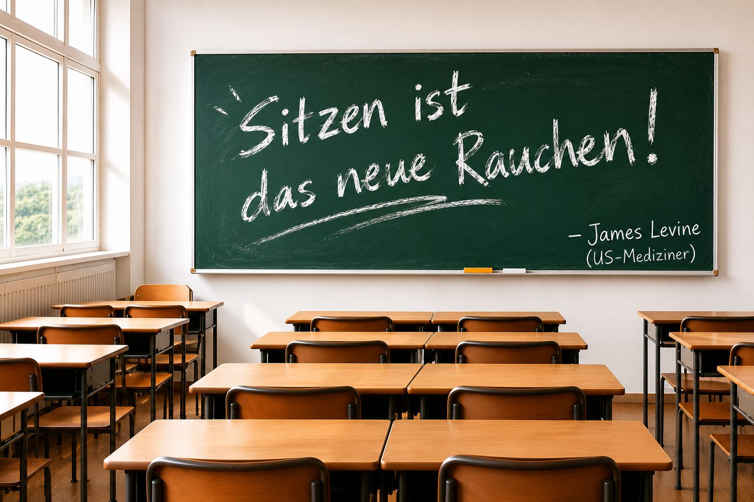 Klassenzimmer mit dem Zitat Sitzen ist das neue Rauchen
