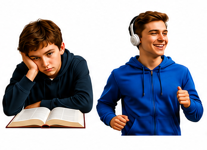 Schüler beim Lernen und in Bewegung mit Kopfhörern